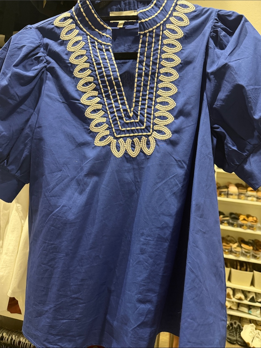 Umgee Royal Blue Puff Sleeve Tunic with White Embroidery